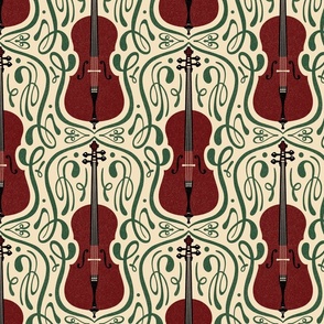 Large Art Nouveau Cello Block Print in Red and Green 