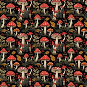 Enchanted Forest: Whimsical Red Mushroom and Foliage Seamless Pattern