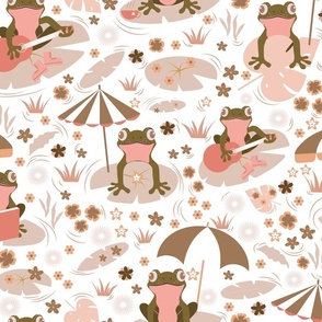Medium / Pond Pals - White Background - Frogs - Toads - Whimsical - Earthy - Earth Tones - Earth Colors - Sepia - Pond - Nature - Kids - Pink - Lotus Leaf - Water Lily