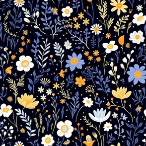 Starry Night Florals: Delicate Wildflowers on Navy Seamless Pattern