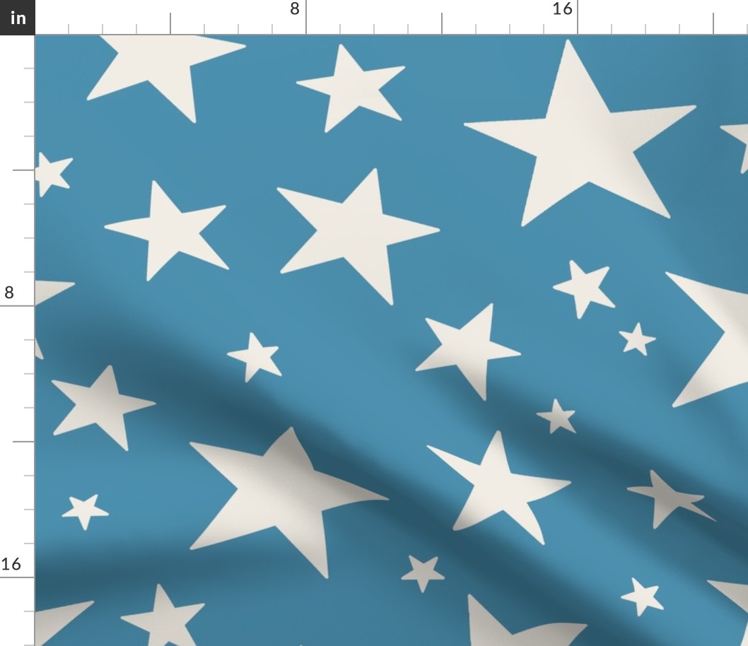 Large Scale // Star Print - Cream White Stars on Cornflower Blue / Hand-drawn Star Pattern
