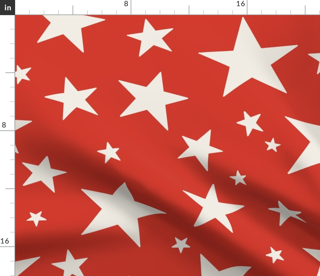 Large Scale // Star Print - Cream White Stars on Bright Red / Hand-drawn Star Pattern