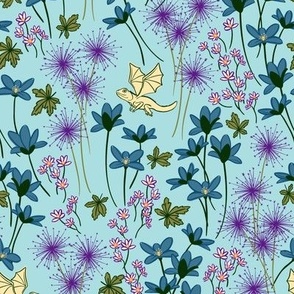 Small Whimsical Woodland Dragons Flying Among Flowers - Ecru Flax, Light Blue