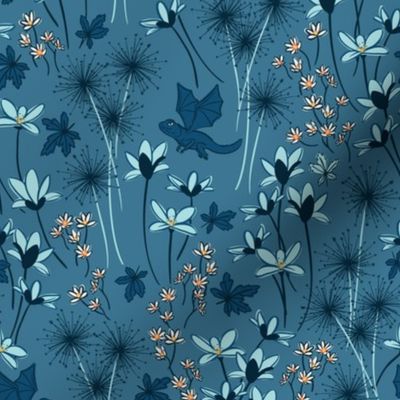 Small Whimsical Woodland Dragons Flying Among Flowers - Dusty Cornflower Blue,  Royal Blue