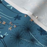 Small Whimsical Woodland Dragons Flying Among Flowers - Dusty Cornflower Blue,  Royal Blue