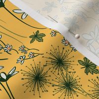 Small Whimsical Woodland Dragons Flying Among Flowers - Earthy Olive Green and Pale Gold Yellow