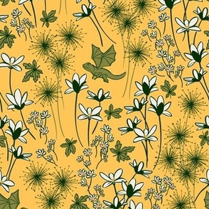 Small Whimsical Woodland Dragons Flying Among Flowers - Earthy Olive Green and Pale Gold Yellow