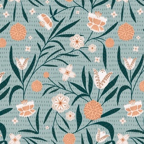 Traditional floral folk art in blue and orange