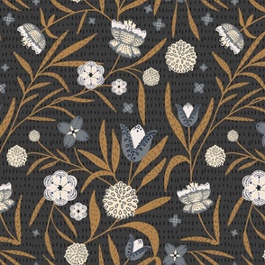 Neutral Traditional floral folk art in black, gray, and gold