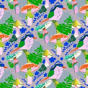 Bright Bird and Mushrooms with Florals