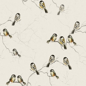 Gold chickadees on cream / black birds / beige / watercolor