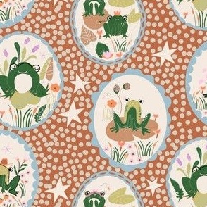 MEDIUM: Green Frogs on Lilypads: A Beige, Dotted Wonderland of Hat-Topped Amphibians