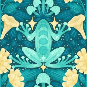 Moonlit Frogs with Dandelions, Chanterelle and Wild Mushrooms and Stars | Mystical Forest Pattern