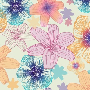 Multi Colour Floral Line Drawing