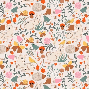 LARGE:Enchanted cream Forest Reindeer, green frogs, Birds, and lively undergrowth