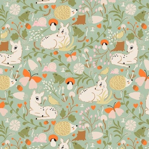 LARGE: Enchanted cream Forest Reindeer, yellow Birds, and lively green undergrowth