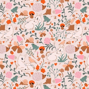 LARGE: Enchanted cream Forest Reindeer, peach butterfly,  Birds, and lively undergrowth