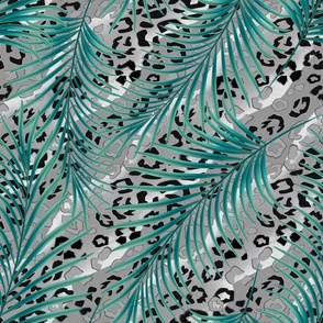 Turquoise palm leaves on a spotted leopard gray, black background.