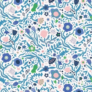 Large - Calming modern floral in blue, pastel pink on white