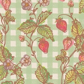 Climbing Strawberry Vines in Watercolor on Gingham Check with Soft Sun Bleached Texture - Fresh Green