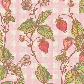 Climbing Strawberry Vines in Watercolor on Gingham Check with Soft Sun Bleached Texture - Barbie Pink