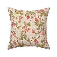 Climbing Strawberry Vines in Watercolor on Gingham Check with Soft Sun Bleached Texture  - Warm Yellow