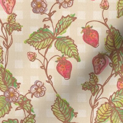 Climbing Strawberry Vines in Watercolor on Gingham Check with Soft Sun Bleached Texture  - Warm Yellow