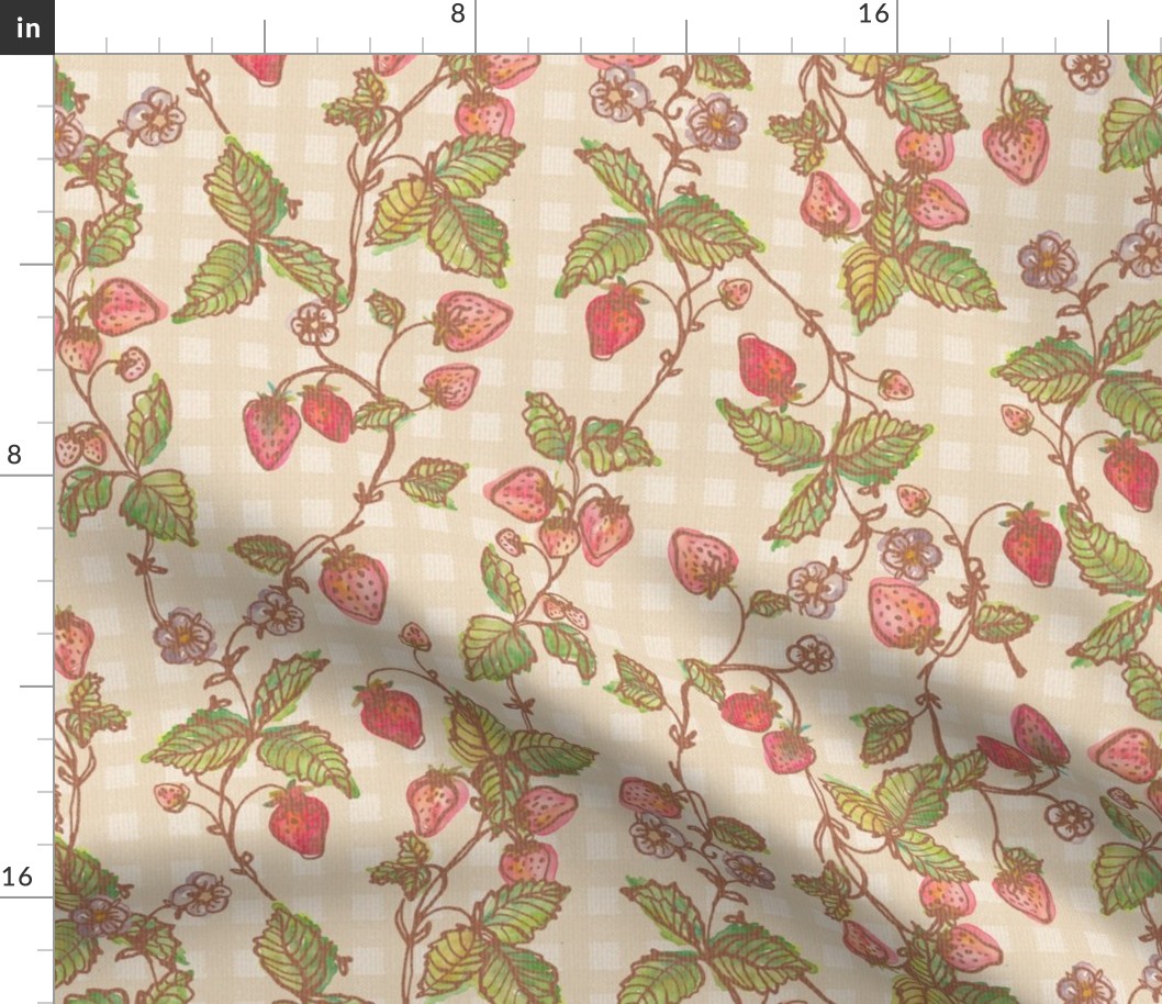 Climbing Strawberry Vines in Watercolor on Gingham Check with Soft Sun Bleached Texture  - Warm Yellow