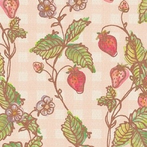 Climbing Strawberry Vines in Watercolor on Gingham Check with Soft Sun Bleached Texture 
- Soft Peach