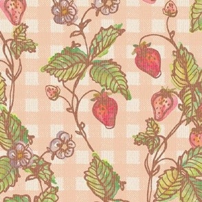 Climbing Strawberry Vines in Watercolor on Gingham Check with Soft Sun Bleached Texture 
- Soft Coral