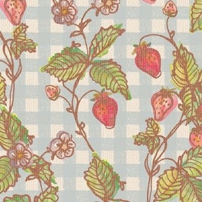 Climbing Strawberry Vines in Watercolor on Gingham Check with Soft Sun Bleached Texture 
- Baby Blue