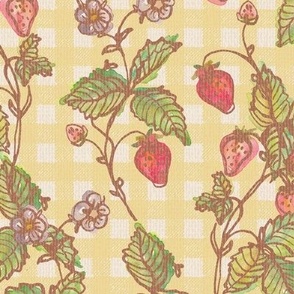 Climbing Strawberry Vines in Watercolor on Gingham Check with Soft Sun Bleached Texture 
- Retro Yellow