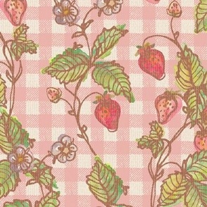 Climbing Strawberry Vines in Watercolor on Gingham Check with Soft Sun Bleached Texture  - Retro Pink