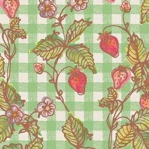 Climbing Strawberry Vines in Watercolor on Gingham Check with Soft Sun Bleached Texture - Retro Green
