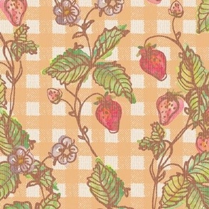 Climbing Strawberry Vines in Watercolor on Gingham Check with Soft Sun Bleached Texture  - Retro Orange