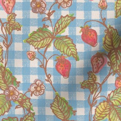 Climbing Strawberry Vines in Watercolor on Gingham Check with Soft Sun Bleached Texture 
- Sky Blue