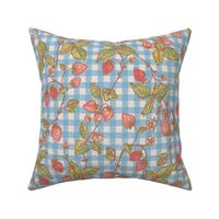 Climbing Strawberry Vines in Watercolor on Gingham Check with Soft Sun Bleached Texture 
- Sky Blue