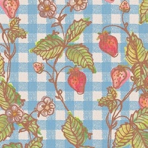 Climbing Strawberry Vines in Watercolor on Gingham Check with Soft Sun Bleached Texture 
- Sky Blue