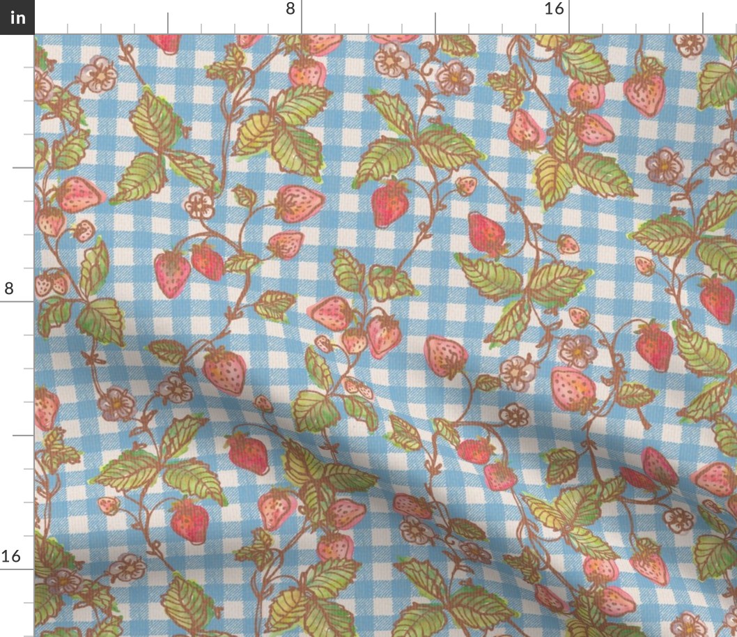 Climbing Strawberry Vines in Watercolor on Gingham Check with Soft Sun Bleached Texture 
- Sky Blue