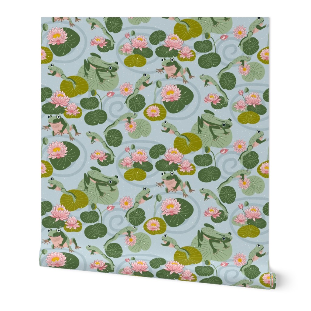frogs leaping in a lotus pond on light blue grey 20 in