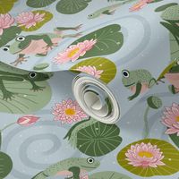 frogs leaping in a lotus pond on light blue grey 20 in