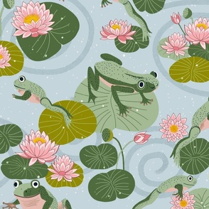 frogs leaping in a lotus pond on light blue grey 20 in