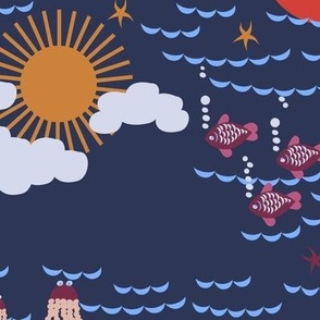 375 - Jumbo scale sailing boats on the open ocean with fish, octopus, starfish, sun and clouds, for duvet covers, curtains, and wallpaper - navy blue, off white, pale blue, mauve and orange coastal nautical