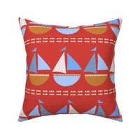 518 - Large scale Sailing boats and polka dots in orange and blue stripes for summer swimwear, apparel, kids decor, nursery wallpaper and accessories coastal nautical