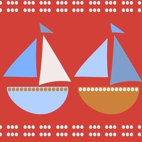 518 - Large scale Sailing boats and polka dots in orange and blue stripes for summer swimwear, apparel, kids decor, nursery wallpaper and accessories coastal nautical