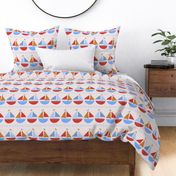 518 - large scale Sailing boats and polka dots in warm orange and blue stripes  for kids apparel, swimwear, summer clothes, wallpaper, coastal nautical nursery linen
