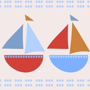 518 - large scale Sailing boats and polka dots in warm orange and blue stripes  for kids apparel, swimwear, summer clothes, wallpaper, coastal nautical nursery linen