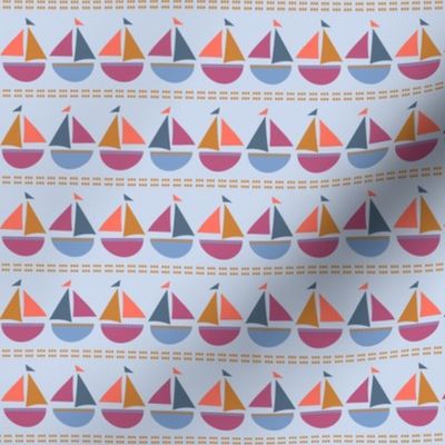 518 - Small scale Sailing boats and polka dots in coral orange, mauve purple and denim blue stripe style, for kids apparel, swimwear, summer clothes, wallpaper, nursery linen coastal nautical