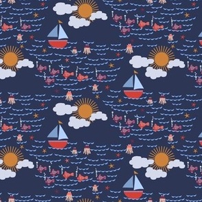 375 - Sailing boats on the open ocean with fish, octopus, starfish, sun and clouds, for duvet covers, curtains, and wallpaper- navy blue, off white, pale blue, mauve and orange coastal nautical