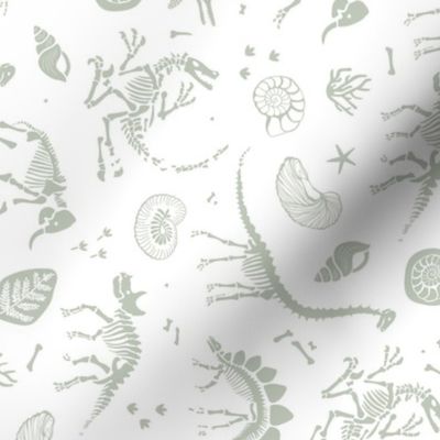 Jurassic discovery - Fossils and ammonites - paleontology studies and natural history design dinosaurs elephants shells under water creatures kids wallpaper earthy sage green on white rotated